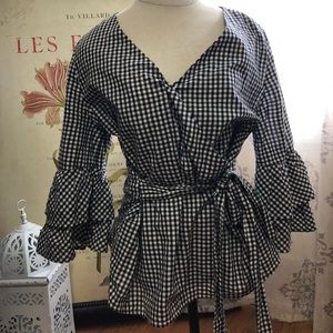 Gingham wrap top with bell sleeves